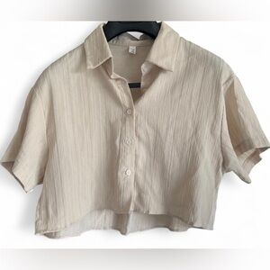 Mint Womens Cropped Collar Button Up Tan Textured Top Casual Cabana Preppy Small